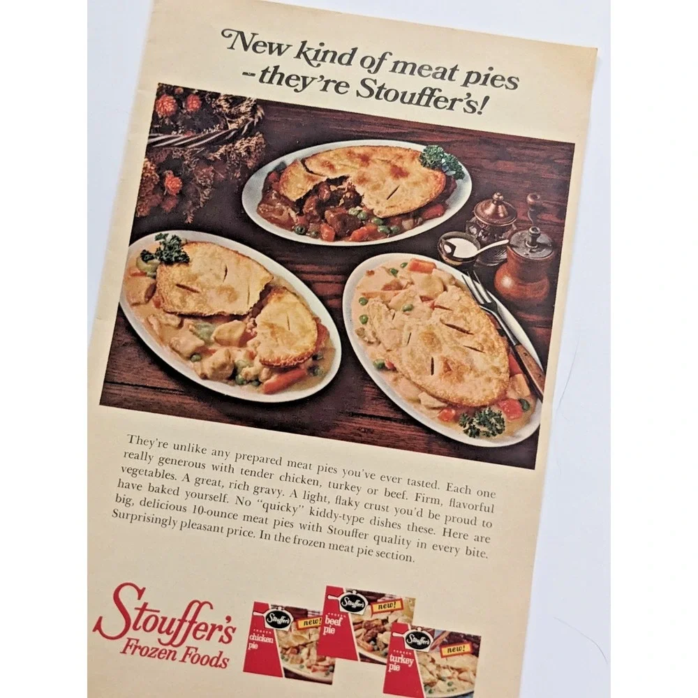 Stouffer's Frozen Foods Vintage 1960s Print Ad Chicken Turkey Beef Meat Pies 8